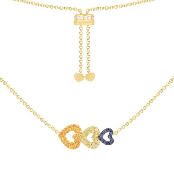 

chains sljely fashion 925 sterling silver yellow gold color multicolor zircon triple love heart adjustable necklace women brand jewelry