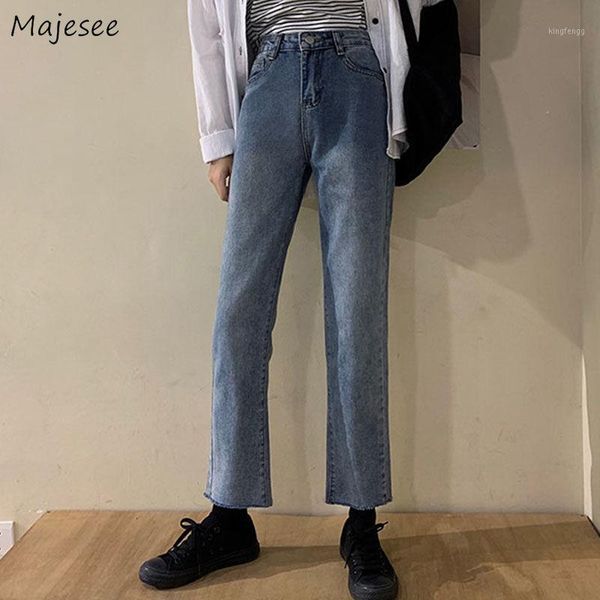 

jeans women vintage high waist straight fur-lines solid korean style harajuku all-match womens simple chic students trousers, Blue