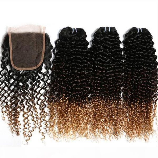 

ombre human hair kinky curly 3 bundles with 4x4 lace closure t1b 4 27 brazilian 8a grade soft virgin hair extensions, Black