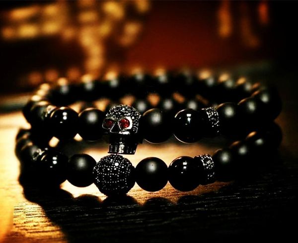 

2020 люкс 2 шт / комплекта корона мужчины браслет наборы pave cz череп шарик способ 8mm камень бисер браслет для мужчин ювелирных изделий по, Golden;silver