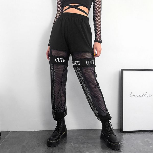 

mesh pants women casual high waist trousers ladies black fishnet woman joggers sweatpants streetwear t200606, Black;white