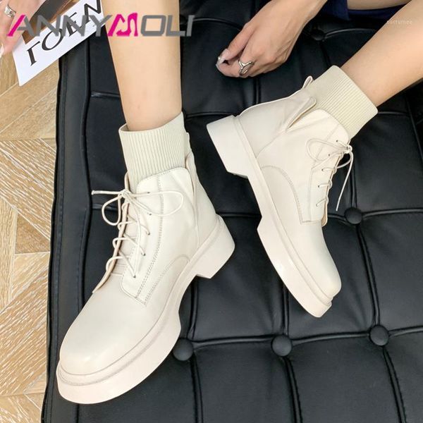 

annymoli women ankle boots shoes genuine leather flat platform short boots round toe cross tied ladies autumn winter black1, Black