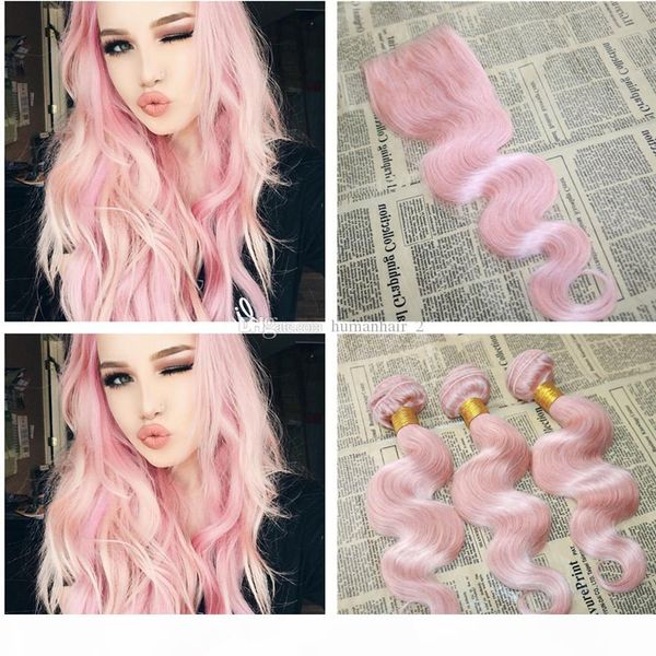 

new arrival pink human hair bundles with lace closure brazilian body wave hair extension with 4*4 lace closure rose pink hair bundles, Black;brown
