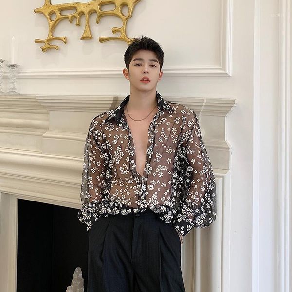 

men's casual shirts stage show clothing men see through long sleeve thin flower shirt male vintage fashion streetstyle loose dress shir, White;black
