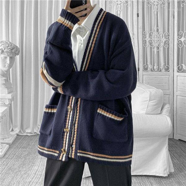 

men's sweaters 2021 autumn and winter youth loose striped v-neck knit cardigan fashion casual dk uniform khaki/navy s-xl1, White;black