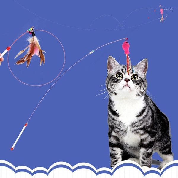 

1pc cat interactive toy stick feather wand with small bell fish cage toys plastic artificial colorful cat teaser toy supplies1