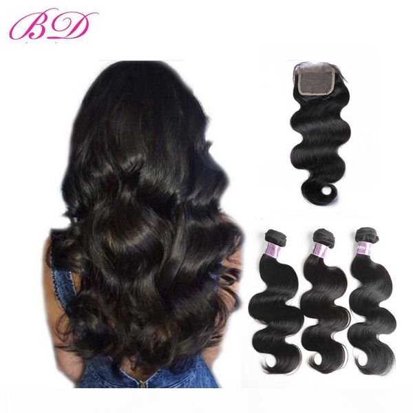 

100% malaysian indian brazilian peruvian silky body wave human hair full cuticle 3 bundles with frontal closure, Black;brown