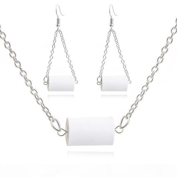 

new pu leather toilet paper necklace earrings set for women girls unique design creative personality fashion jewelry gifts, Silver