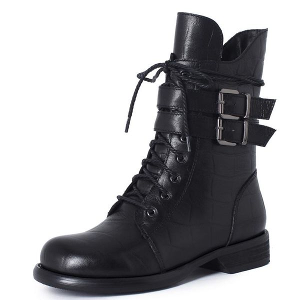

winter red wine motorcycle boots women natural genuine leather zip thick heel ankle boots sheepskin buckle round toe shoes, Black