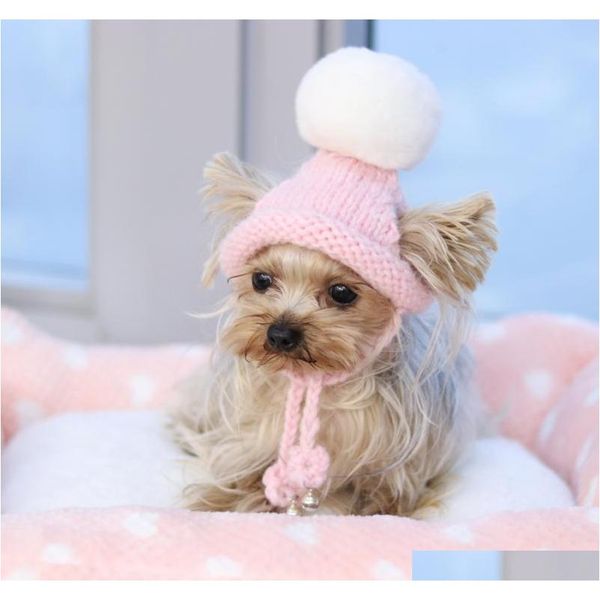 

handmade pink ring bells knitted kawaii pets store warm lovely dog hats for small pets cats maltese yorkie winter cap wppi0