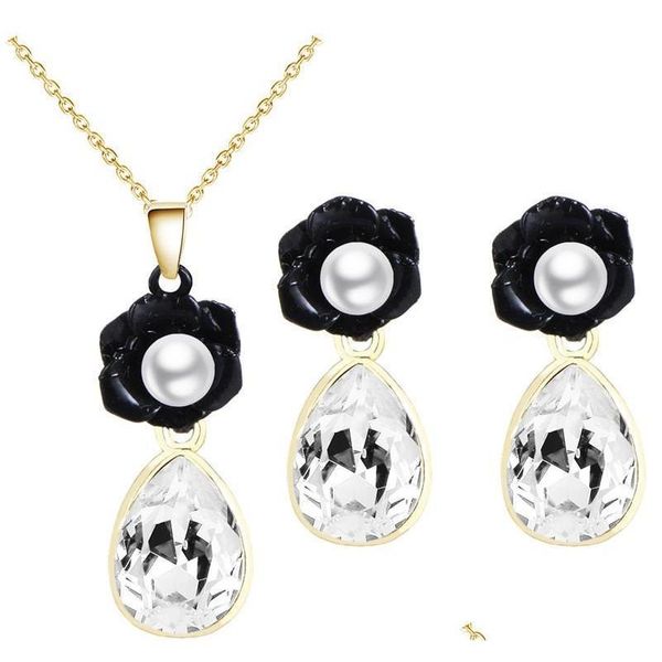 

black flower pearl teardrop crystal necklace earrings bridal jewelry set jewelry for female 80006 twfbz, Silver