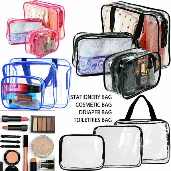 Aufbewahrungsbeutel, 3 Stück, transparent, PVC, tragbar, modisch, für Reisen, Kosmetik, Make-up-Tasche, klare Toilettenartikel, wasserdicht