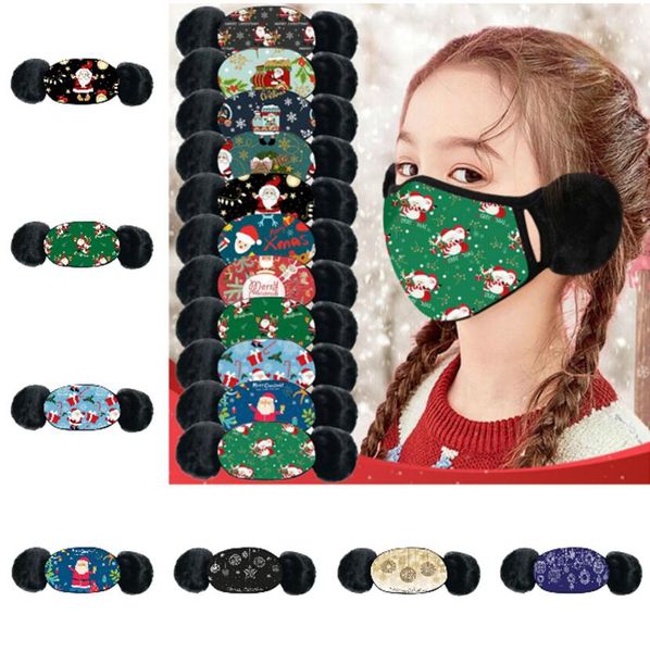 

protective christmas plush mask embroidery children 2 in 1 ear mouth mask winter warm pm2.5 anti dust face masks kids party masks gifts