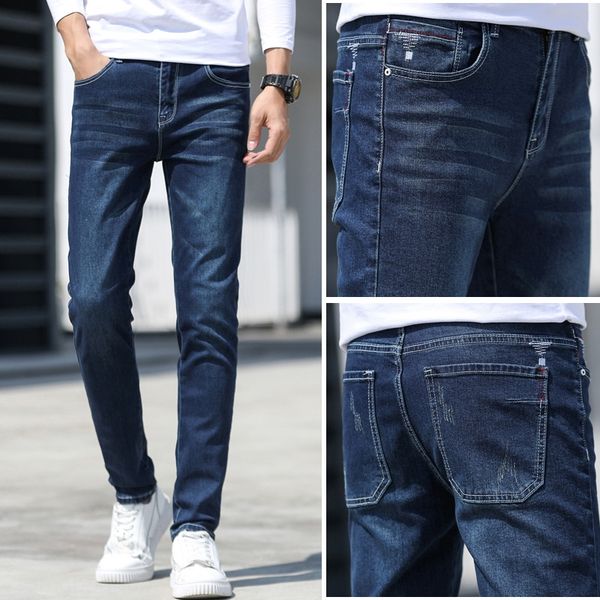 

autumn winter new men's korean slim trend small straight pants men's fashion jeans and jeans brand youth solid color lgpfd, Blue