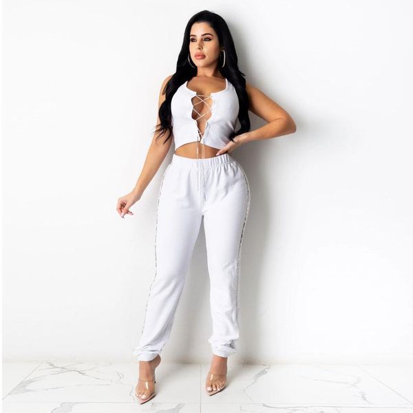 

2020 fashion trend women ladies 2pcs suits cropped jogger pants sleeveless elastic lace-up hollow bandage party outfits, Gray