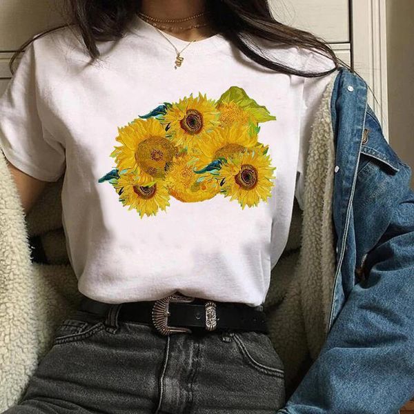 

women lady tees graphic sunflower painting casual fashion cute print clothing 90s clothes female t shirt womens t-shirt, White