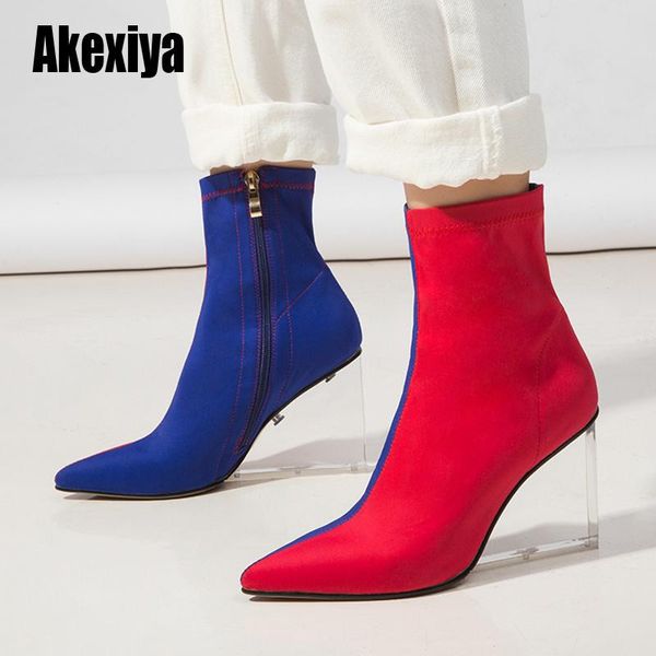 

2020 women ankle boots elastic fabric zippers blue color high heels boots autumn spring ankle party fashion u474, Black