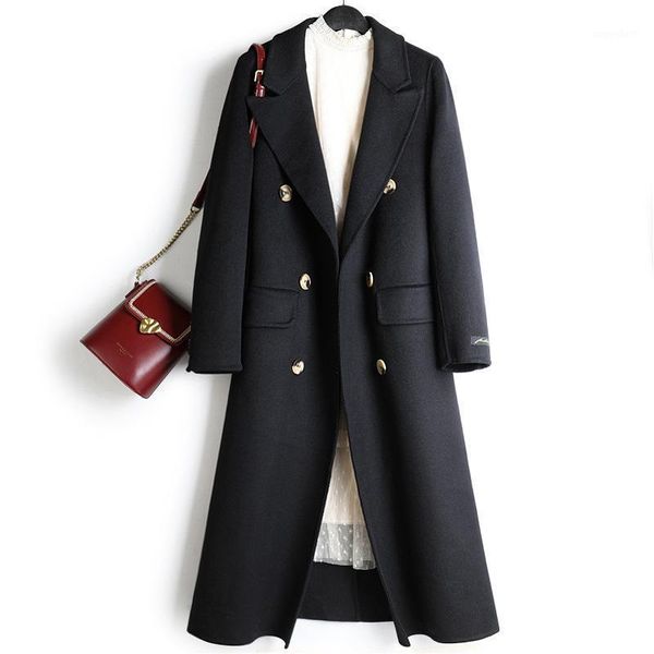 

womens breasted long abrigos double mujer elegante heavy winter 90% wool a-line coats and jackets women1, Black
