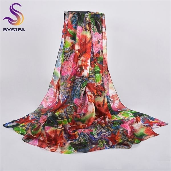 

bysifa] luxury pure silk long shawl female new red green spring fall neck scarf cape fashion accessories women scarves y201007, Blue;gray