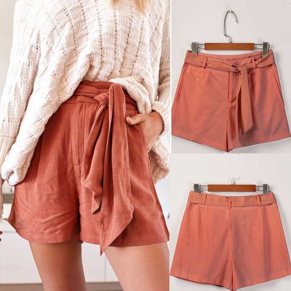 

solid high waisted belt knot loose home casual holiday pockets bermuda cotton and linen shorts women's drop shipping, White;black