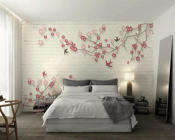 Beibehang personalizado papel de parede simples moderno parede de fundo Novo Chinês Plum Swallows TV Decoração Home Living murais 3d