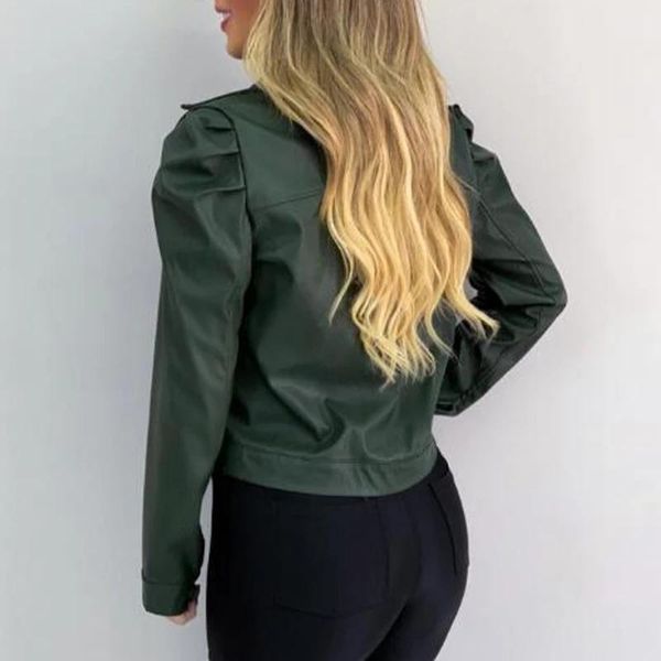 

women's leather & faux autumn pu pleated women short jacket long sleeve turn- down collar single breasted female jackets solid casual l, Black