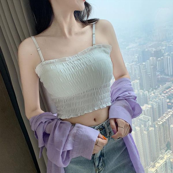 

women's 6 color slotted neck wrinkle bandeau vest sling tight navel wrap chest bottom shirt camisole1, Black;white