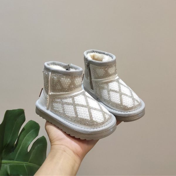 

2020 new winter kids snow string bead rhineston children plush warm fashion girls boots baby toddler shoes, Black;grey