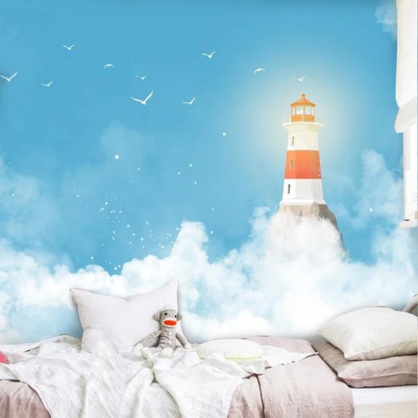 

wallpapers drop custom 3d po wallpaper wall painting mediterranean blue sky white clouds lighthouse bedroom decoration mural1