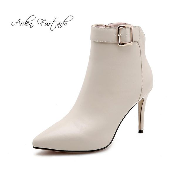 

boots arden furtado 2021 spring autumn zipper ankle white grey stilettos beige genuine leather pointed toe shoes high heels 9cm, Black