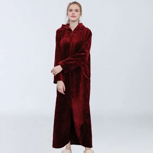 

2021 new oversized women's autumn winter flannel sleepwear hooded thicken bathrobes solid female nightgown ladies homewear 7sit, Black;red