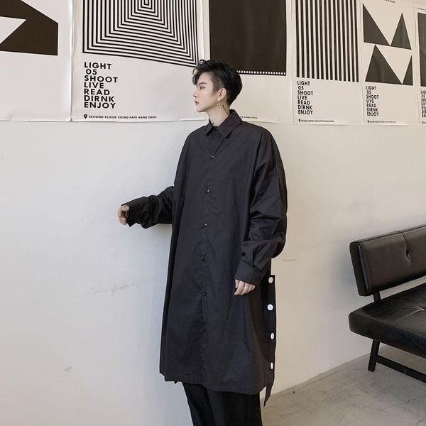

men's casual shirts 2021 spring and autumn youth solid color side split long-sleeved mid-length shirt fashion loose top, White;black
