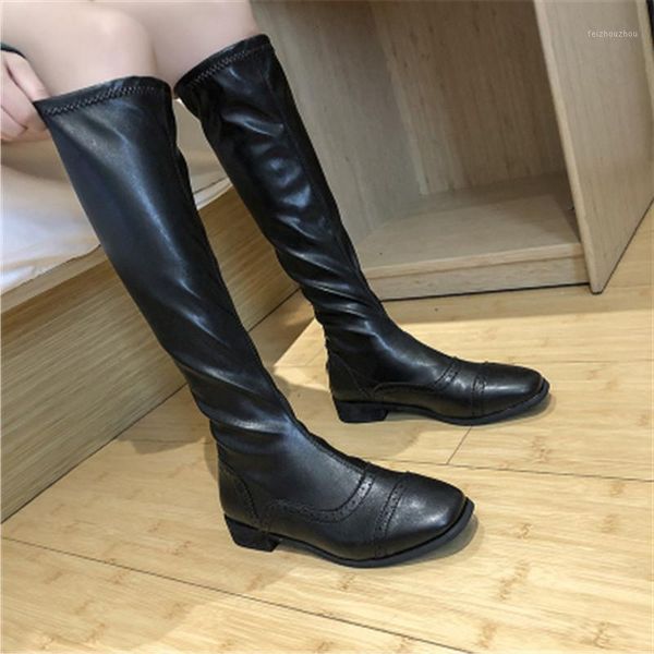 

boots spring autumn woman shoes women square heel slip on pu leather knee high female fashion long black beige eu 35-391