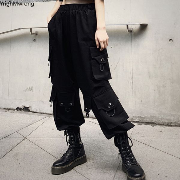 

woman man black cargo many pocket ring jogger high waist punk hip hop streetwear harajuku loose harem pant korean gothic baggy 201109, Black;white