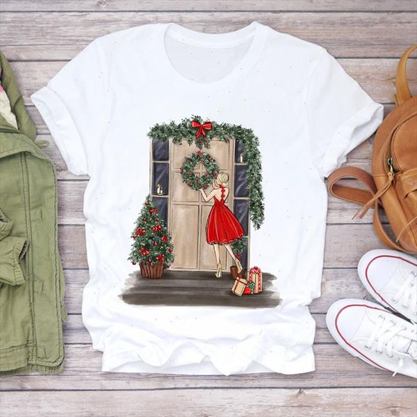 

women christmas cartoon gift new year girl clothing holiday print lady t shirts tshirt ladies graphic female tee t shirt, White