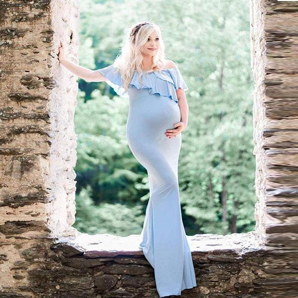 

new style short sleeve maternity dress ruffle edge v-neck mercerized cotton pgraphy pregnant clothes dress women long1, White