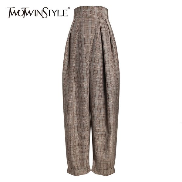 

twotwinstyle plaid ruched harem trousers for women high waist casual asymmetrical ankle length pants female fashion autumn 201228, Black;white