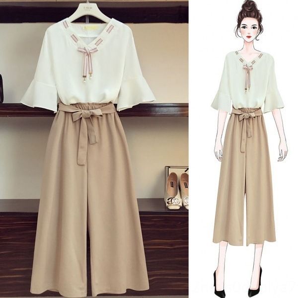 

2019 summer new korean style loose temperament western style short sleeve suit lace-up pants wide pantswide leg pantsleg pants two-p, Gray