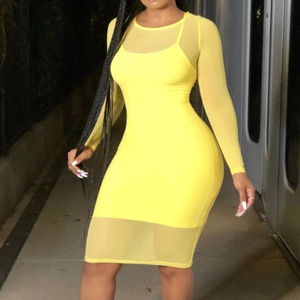 

long sleeve clear lace fashion ladies midi dresses for women summer 2021 night slub party sheath blue red black yellow #g3, Black;gray