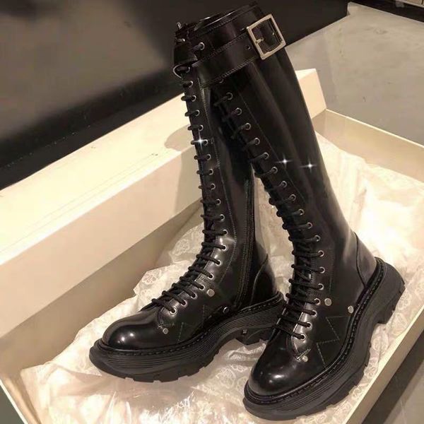 

boots thick heels knee high women lace up buckle long shoes fashion black thigh slim zapatos de mujer