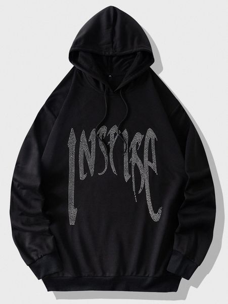 

men rhinestone letter pattern drawstring hoodie j5kn#, Black