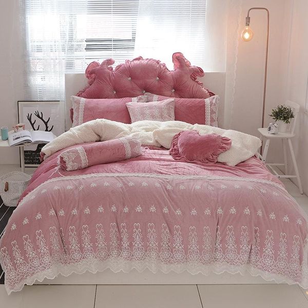 

bedding sets pink blue purple soft berber fleece princess girl white lace set fabric duvet cover sheet/linen pillowcases bed
