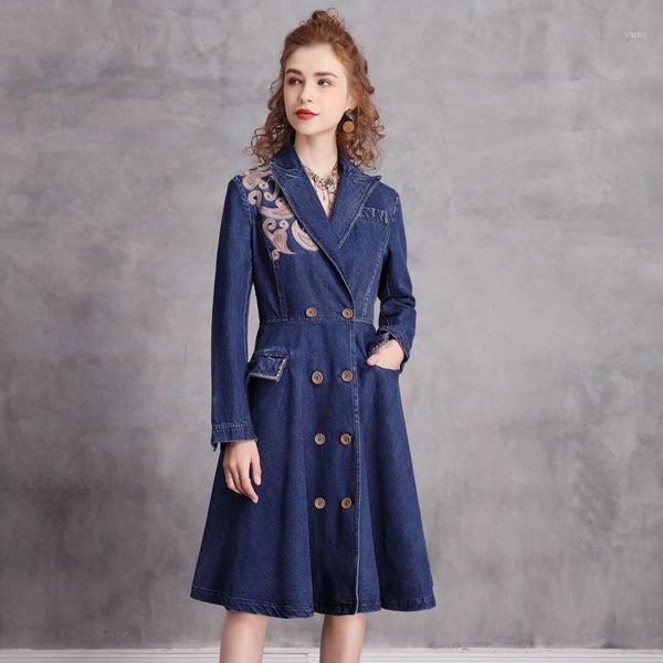 

2020 denim double breasted women long sleeve s-xl vintage embroidery turn down collar trench autumn knee length1, Tan;black