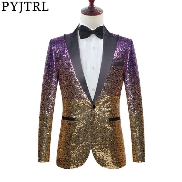 

pyjtrl men stylish gradual change gold purple blue pink green sequins suit jacket party wedding banquet nightclub singers blazer 201104, White;black