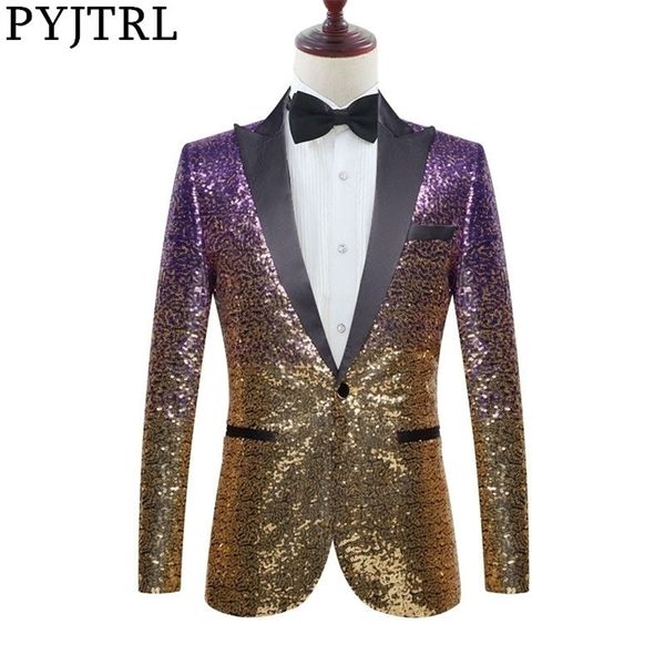 PYJTRL Uomo Elegante cambiamento graduale Oro Viola Blu Rosa Verde Giacca con paillettes Festa Matrimonio Banchetto Discoteca Cantanti Blazer 201104