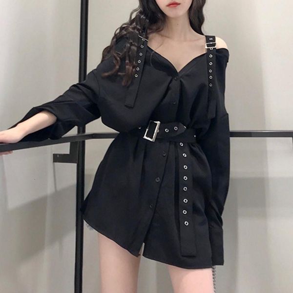 

women dress gothic korean style black women dresses straight belt button casual plain dark goth v neck female dresses, Black;gray