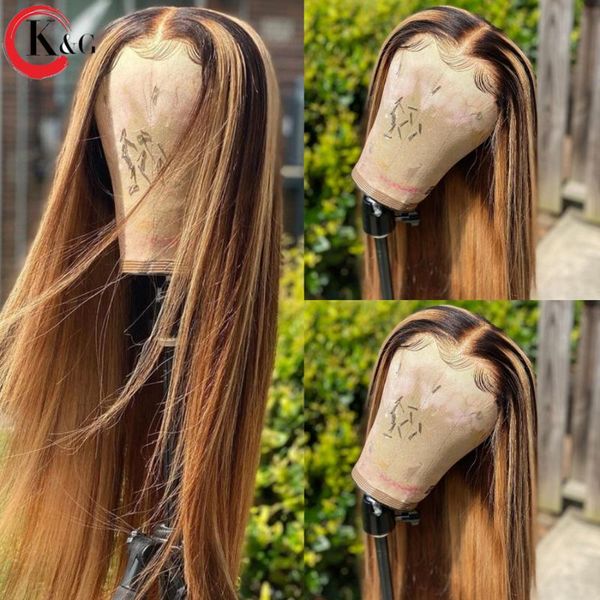 

lace wigs kungang highlight t-part middle part front human hair straight 150% density with baby ratio non-remy, Black;brown