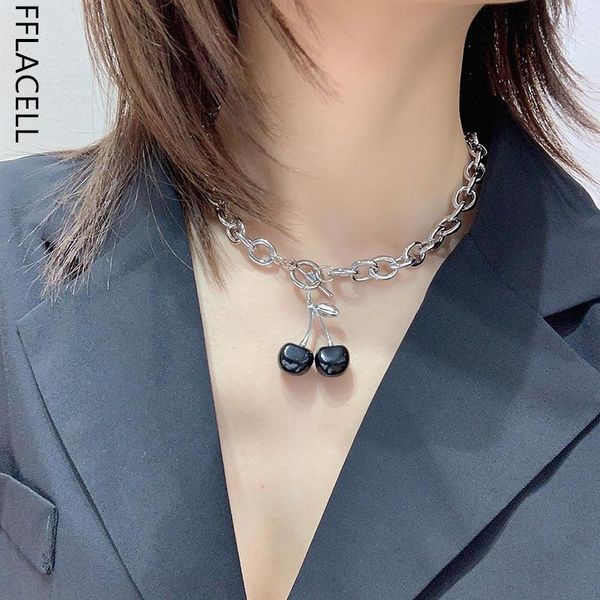

fflacell 2020 fashion retro simple and delicate cherry pendant nnecklace punk style metal clavicle necklace jewelry party gift, Silver