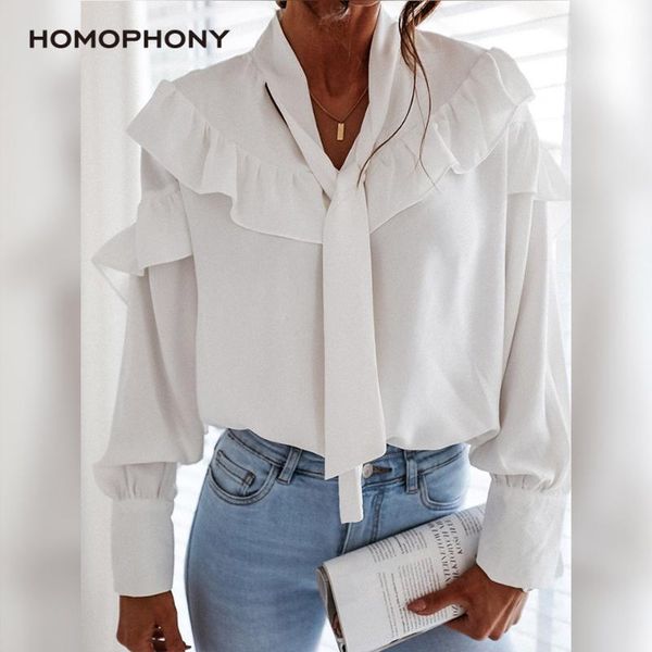 

homophony white blouse women office ladies elegant ruffle long sleeve peplum solid blouse autumn women and blouses