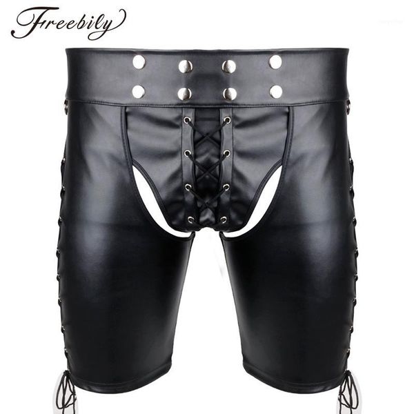 

lingerie new black mens latex pvc bondage open cortch shorts gothic gay men faux leather lace up exotic pants1, Black;pink